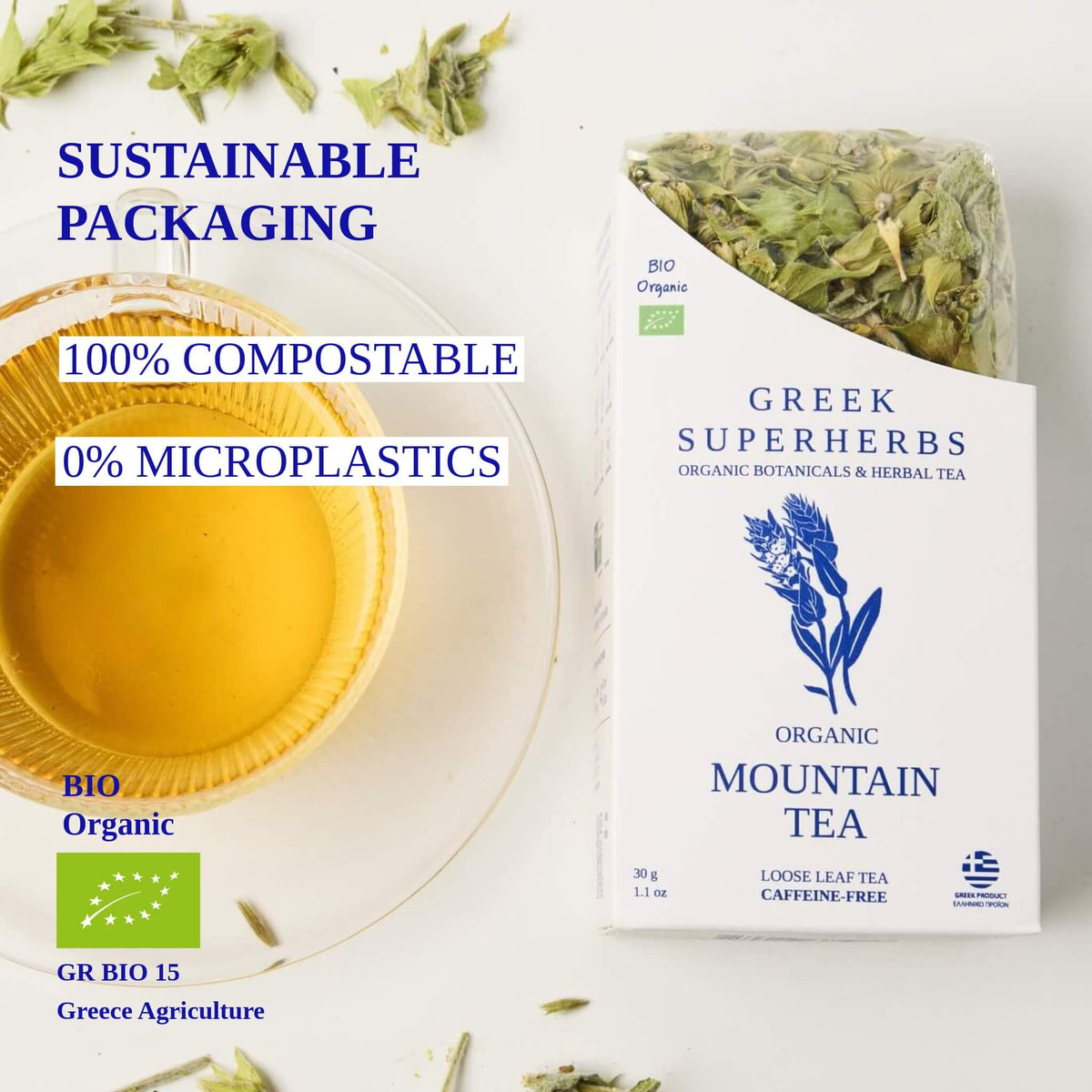Mountain Tea | Organic Wild-Crafted Greek Sideritis from Mount Olympus — Highest Polyphenol Herbal Tea, Caffeine-Free & Physician-Studied
