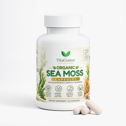 Organic Sea Moss Capsules with Bladderwrack & Burdock Root – Immune, Thyroid & Digestive Support, 60 Count