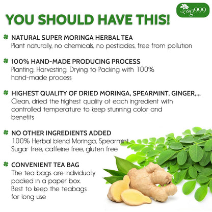 Super Moringa Herbal Tea, Improve Digestion, Support Brain, Weight, Skin and Sleep, Eco-Conscious Tea Bags