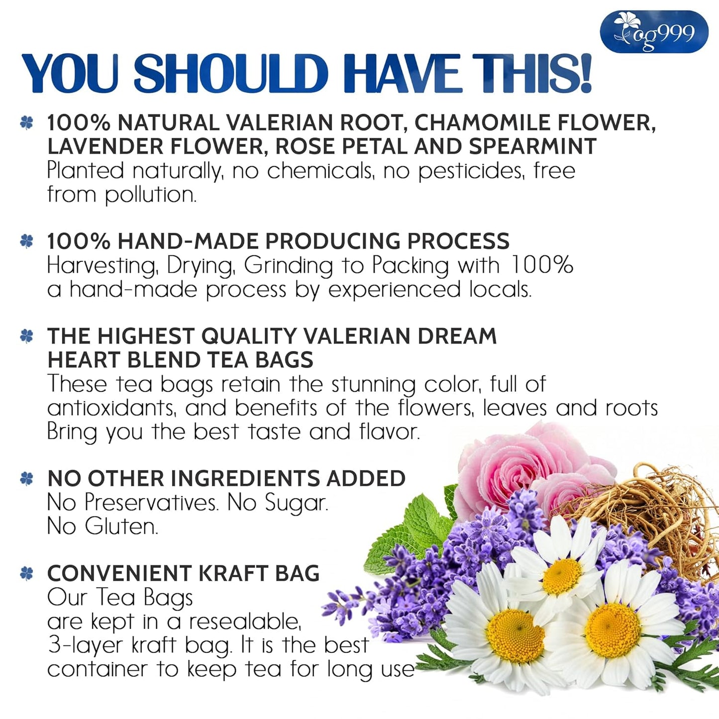 Premium Valerian Tea, Made From Valerian Root, Chamomile flower, Lavender flower Loose Leaf Herbal Tea. Made with Natural Material Tea Bags. No Sugar, No Caffeine, No Gluten, Vegan.