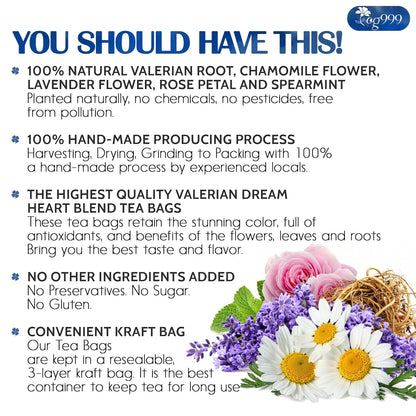Premium Valerian Tea, Made From Valerian Root, Chamomile flower, Lavender flower Loose Leaf Herbal Tea. Made with Natural Material Tea Bags. No Sugar, No Caffeine, No Gluten, Vegan.