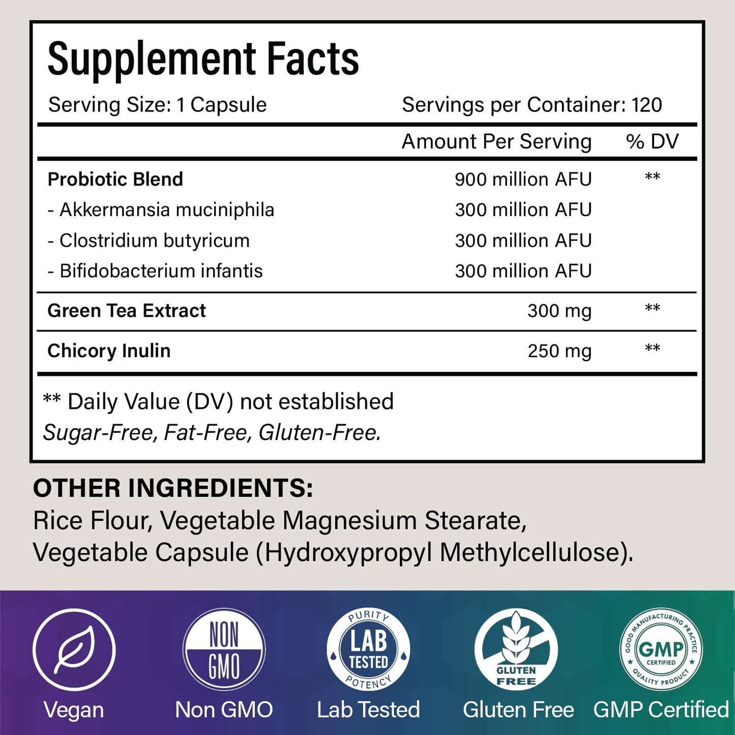 Probiotic Capsules - 900 Million AFU of Akkermansia, Clostridium, Bifidobacterium. Added Prebiotic Chicory and Green Tea Exact.
