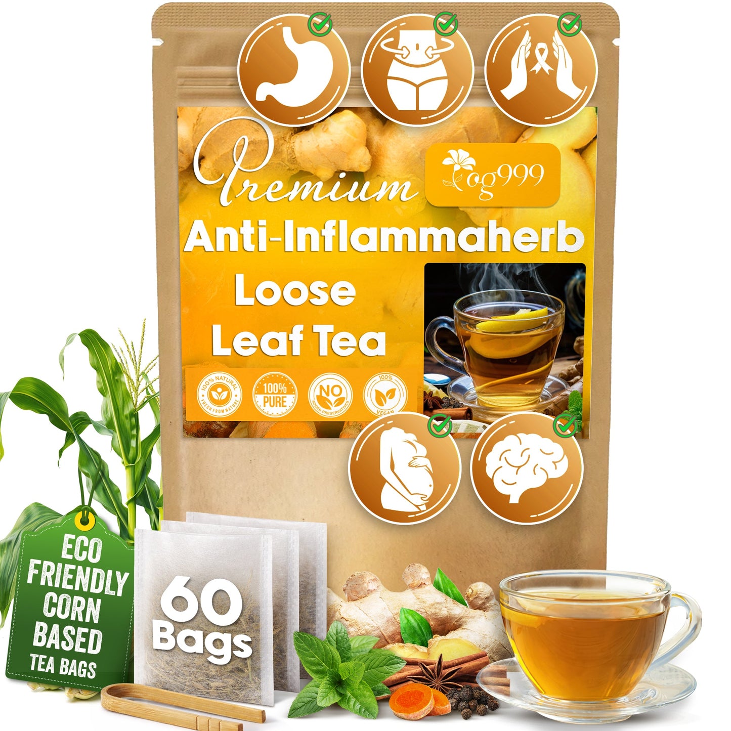 Anti-Inflammaheb Loose Leaf Tea, 100% Natural from Ginger, Turmeric, Peppermint, Black Pepper, Cinnamon