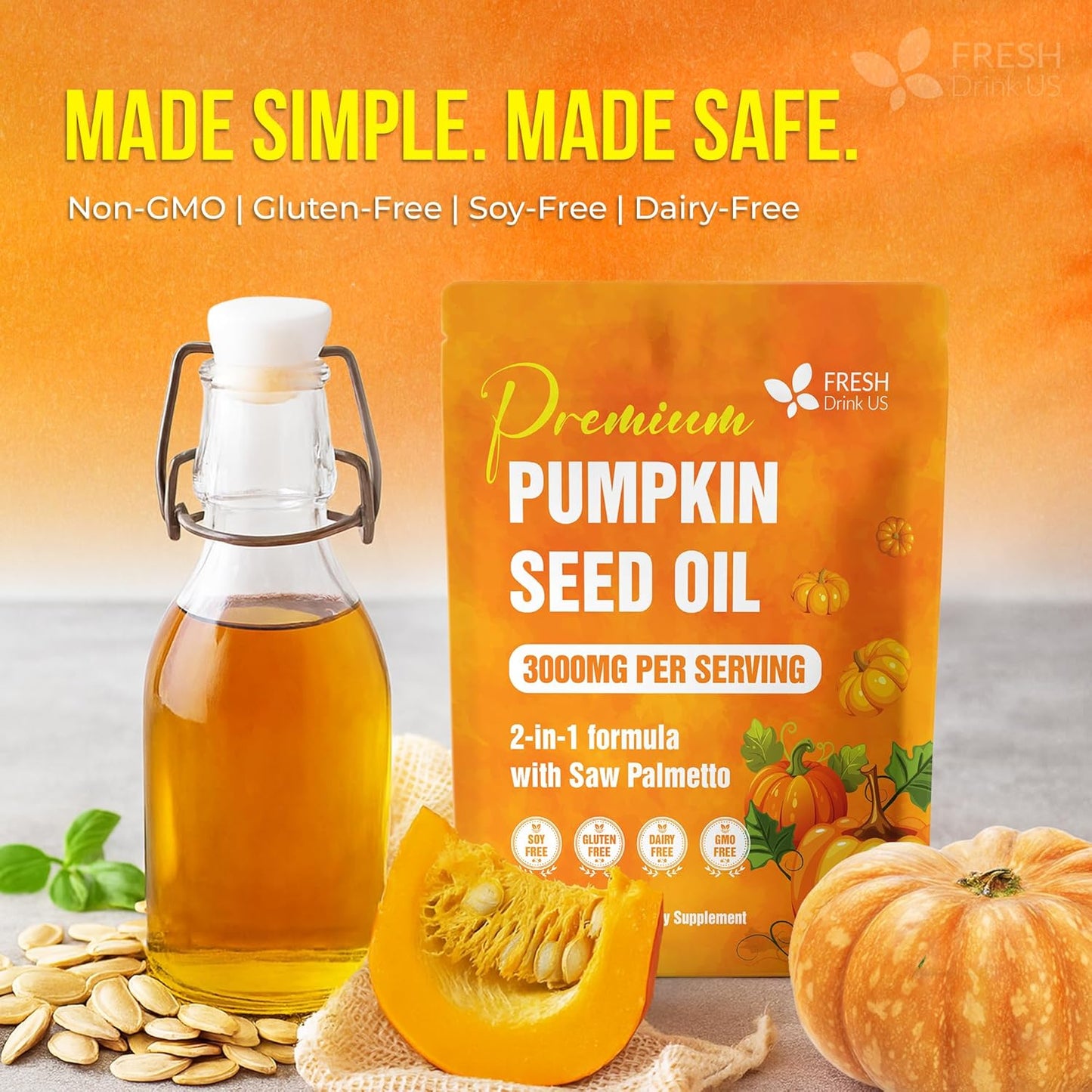 Premium Pumpkin Seed Oil Softgels with Saw Palmetto, 3000mg Per Serving, Cold Pressed, Pure Virgin Oil, Great Hair Support, Non-GMO, Gluten-Free, Vegan