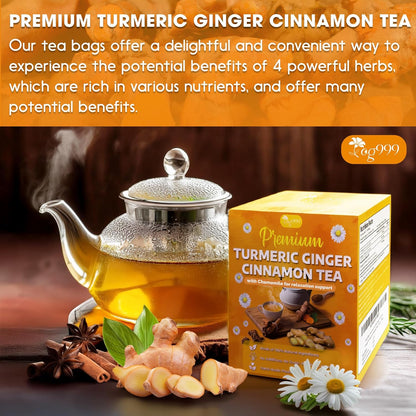 Premium Turmeric, Ginger, Cinnamon & Chamomile Flowers Tea | Improve Digestion, Support Brain, Weight, Skin and Sleep, Eco-Conscious Tea Bags