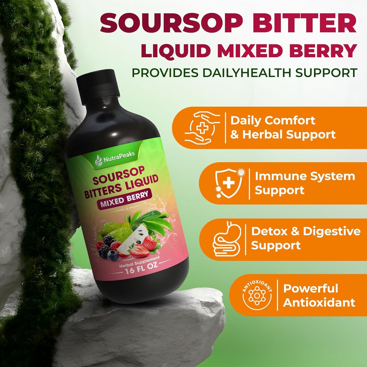 Soursop Bitters Liquid – Herbal Daily Wellness Formula with Soursop, Ginger, Turmeric & Black Seed Mixed Berry Flavor