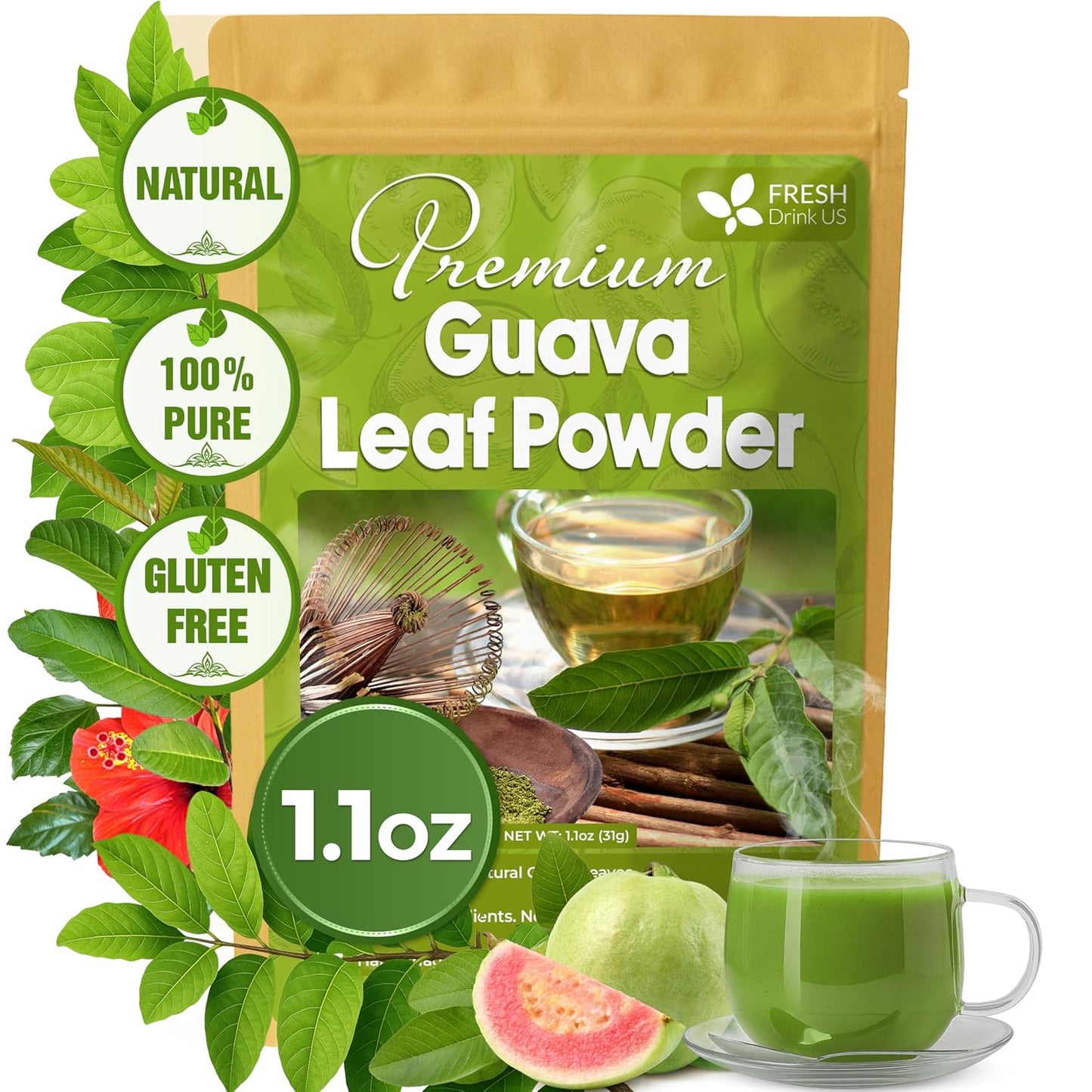 Natural Guava Leaves, Whole Dried Leaves, Cut-and-Sifted Guava leaves, 100% Pure from Guava Leaves, Natural Guava Loose Leaf Herbal Tea, No Additives, No Caffeine, Vegan
