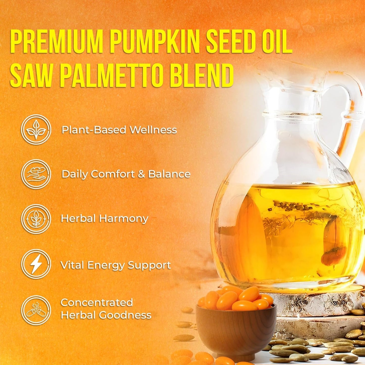 Premium Pumpkin Seed Oil Softgels with Saw Palmetto, 3000mg Per Serving, Cold Pressed, Pure Virgin Oil, Great Hair Support, Non-GMO, Gluten-Free, Vegan