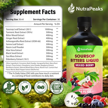Soursop Bitters Liquid – Herbal Daily Wellness Formula with Soursop, Ginger, Turmeric & Black Seed Mixed Berry Flavor