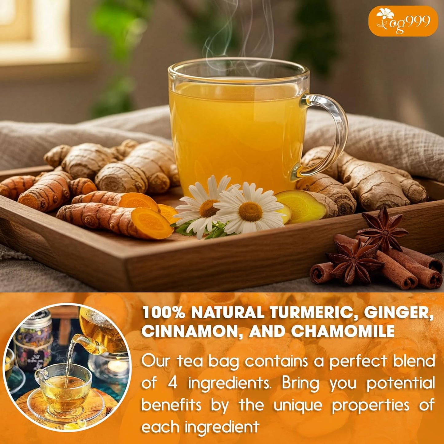 Premium Turmeric, Ginger, Cinnamon & Chamomile Flowers Tea | Improve Digestion, Support Brain, Weight, Skin and Sleep, Eco-Conscious Tea Bags