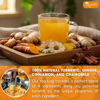 Premium Turmeric, Ginger, Cinnamon & Chamomile Flowers Tea | Improve Digestion, Support Brain, Weight, Skin and Sleep, Eco-Conscious Tea Bags