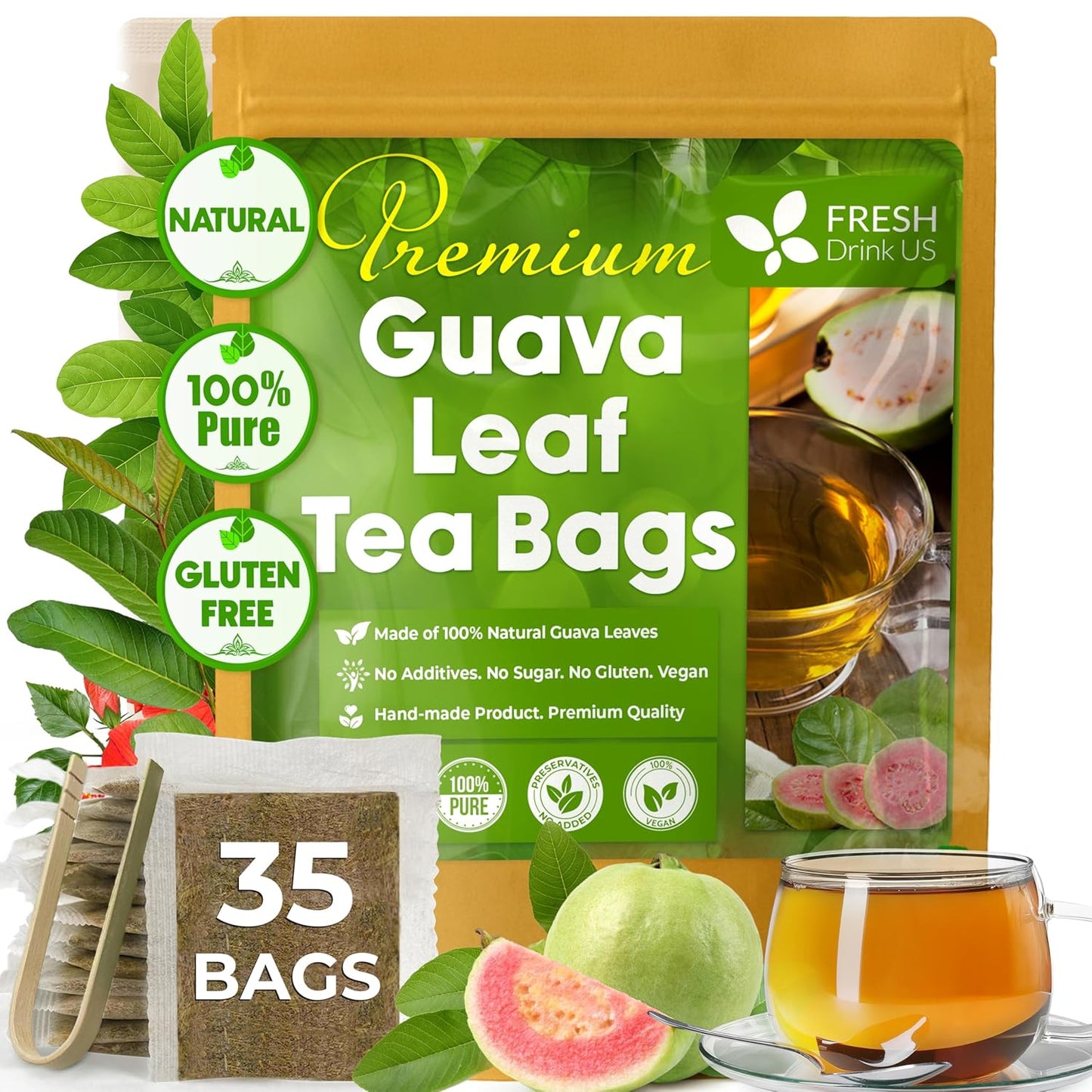 Natural Guava Leaves, Whole Dried Leaves, Cut-and-Sifted Guava leaves, 100% Pure from Guava Leaves, Natural Guava Loose Leaf Herbal Tea, No Additives, No Caffeine, Vegan