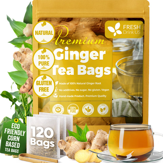 Premium Ginger Tea Bags, 100% Natural & Pure from Ginger Roots, Ginger Tea, Ginger Herbal Tea. Ginger Tea. No Sugar, No Caffeine, No Gluten, Vegan.