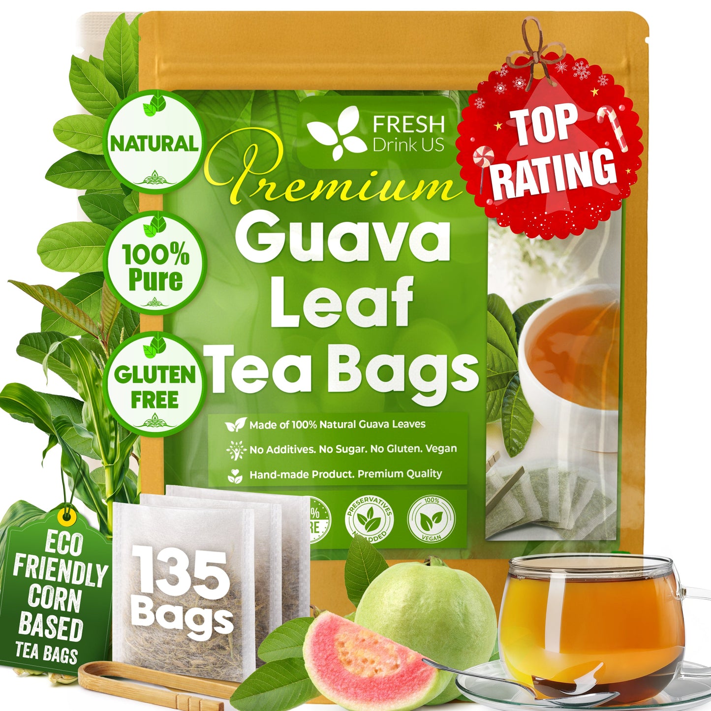 Natural Guava Leaves, Whole Dried Leaves, Cut-and-Sifted Guava leaves, 100% Pure from Guava Leaves, Natural Guava Loose Leaf Herbal Tea, No Additives, No Caffeine, Vegan