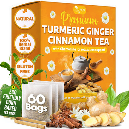 Premium Turmeric, Ginger, Cinnamon & Chamomile Flowers Tea | Improve Digestion, Support Brain, Weight, Skin and Sleep, Eco-Conscious Tea Bags