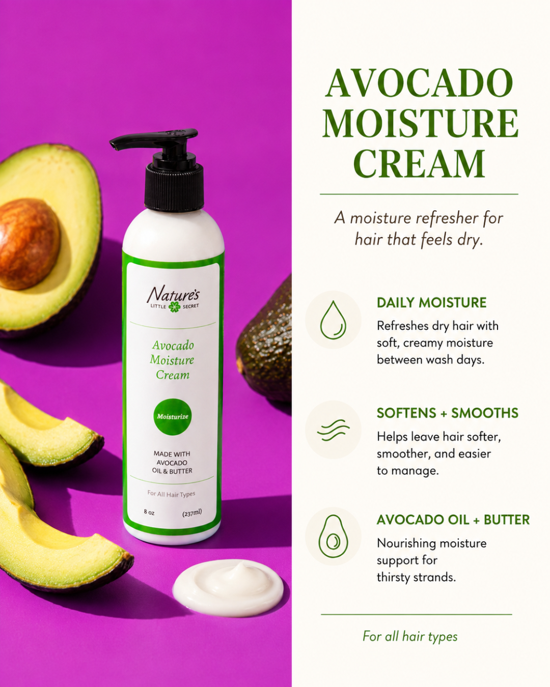 Avocado Moisture Cream | Rich Styling Moisturizer for Dry Hair