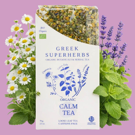 Calm Tea | Organic Whole Leaf Greek Herbal Blend with Lavender, Chamomile & Lemon Balm for Stress Relief & Relaxation — Caffeine-Free, Physician-Studied