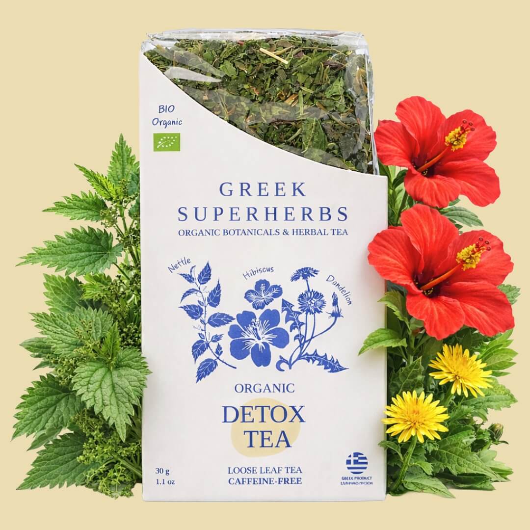 Detox Tea | Organic Whole Leaf Greek Herbal Blend with Nettle, Dandelion Root & Hibiscus for Body Cleanse & Liver Support — Caffeine-Free