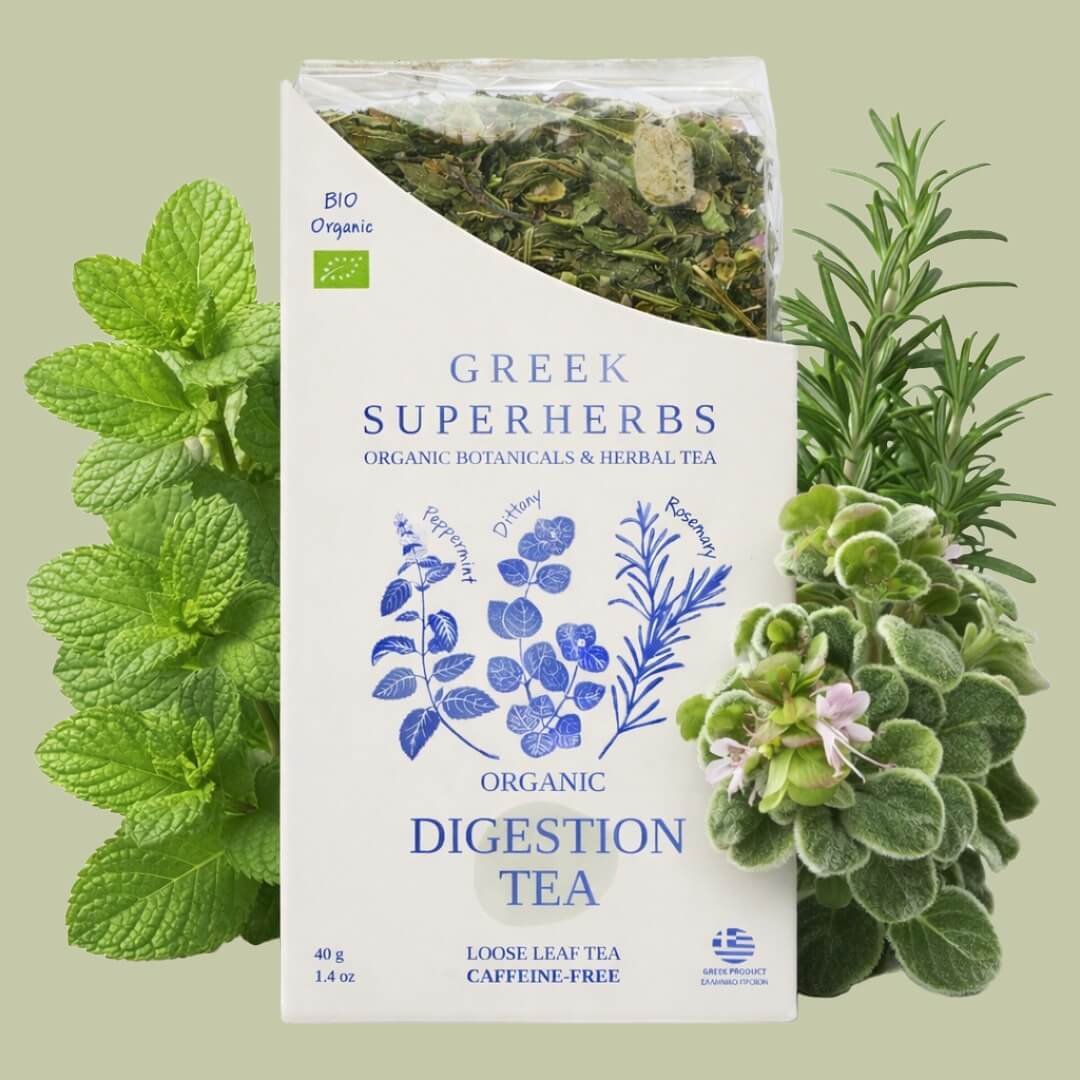 Digestion Tea | Organic Whole Leaf Greek Herbal Blend with Dittany of Crete, Peppermint & Rosemary for Bloating Relief & Gut Health — Caffeine-Free