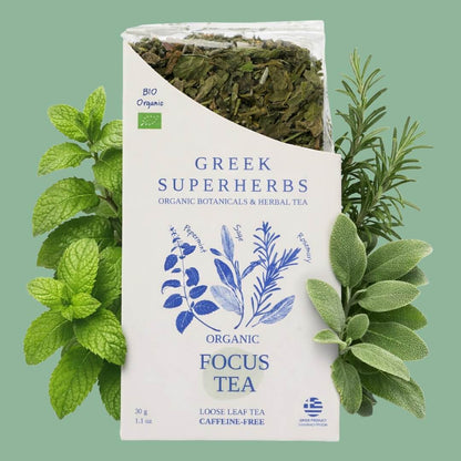 Focus Tea | Organic Whole Leaf Greek Herbal Blend with Sage, Peppermint & Rosemary for Mental Clarity, Concentration & Brain Fog Relief — Caffeine-Free