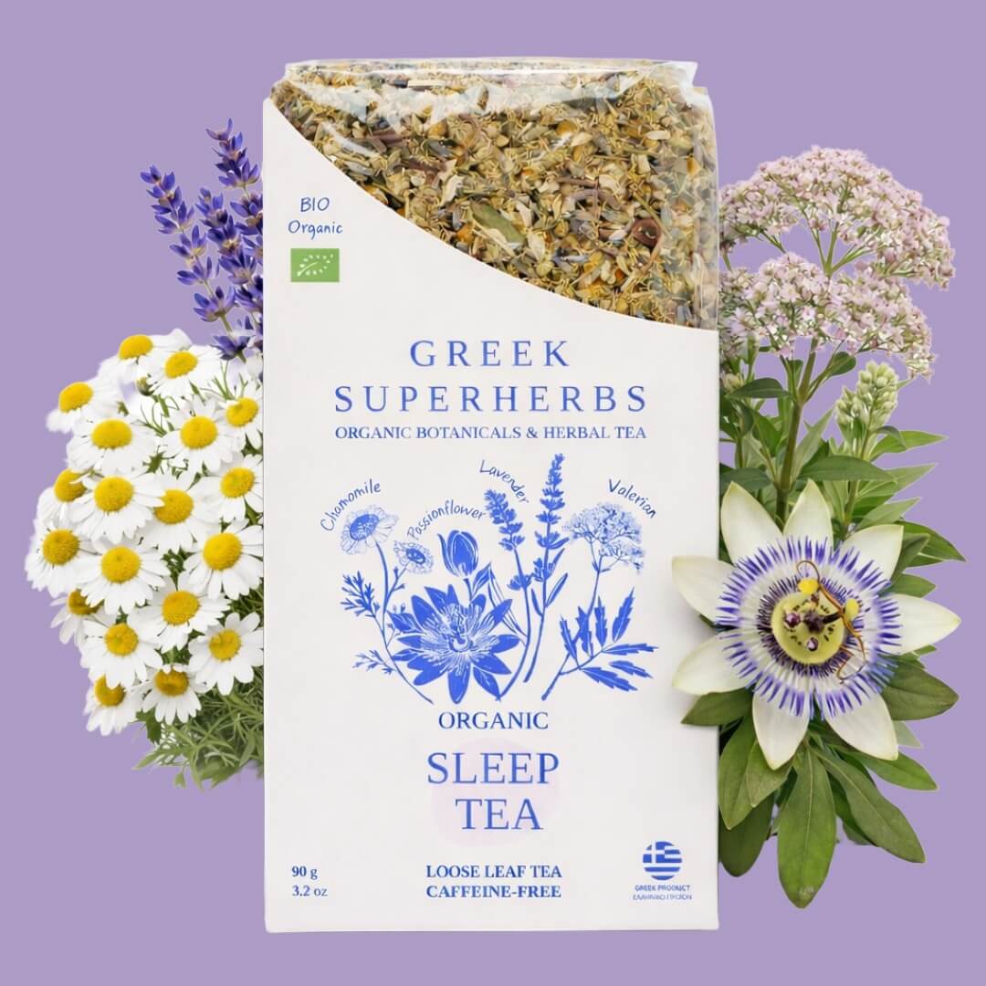 Sleep Tea | Organic Whole Leaf Greek Herbal Blend with Valerian Root, Chamomile & Passionflower for Deep, Restful Sleep — Caffeine-Free