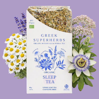 Sleep Tea | Organic Whole Leaf Greek Herbal Blend with Valerian Root, Chamomile & Passionflower for Deep, Restful Sleep — Caffeine-Free