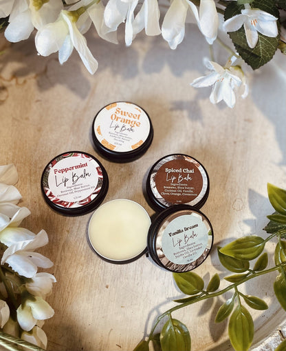 Natural Lip Balm | Botanical Oil & Natural Wax Lip Balm in Tin for Dry & Chapped Lips — Peppermint, Spiced Chai, Sweet Orange & Vanilla Dream