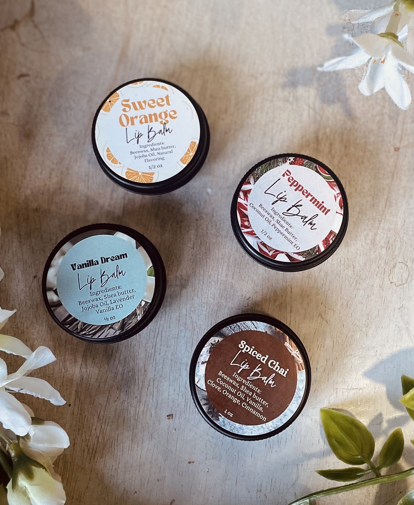 Natural Lip Balm | Botanical Oil & Natural Wax Lip Balm in Tin for Dry & Chapped Lips — Peppermint, Spiced Chai, Sweet Orange & Vanilla Dream